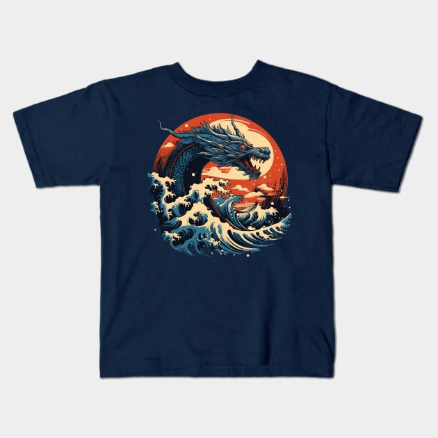 Dragon Rising from Ocean Wave Kids T-Shirt by origato